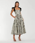 Black Ivory Printed A Line Midi Dress With Bow Straps
