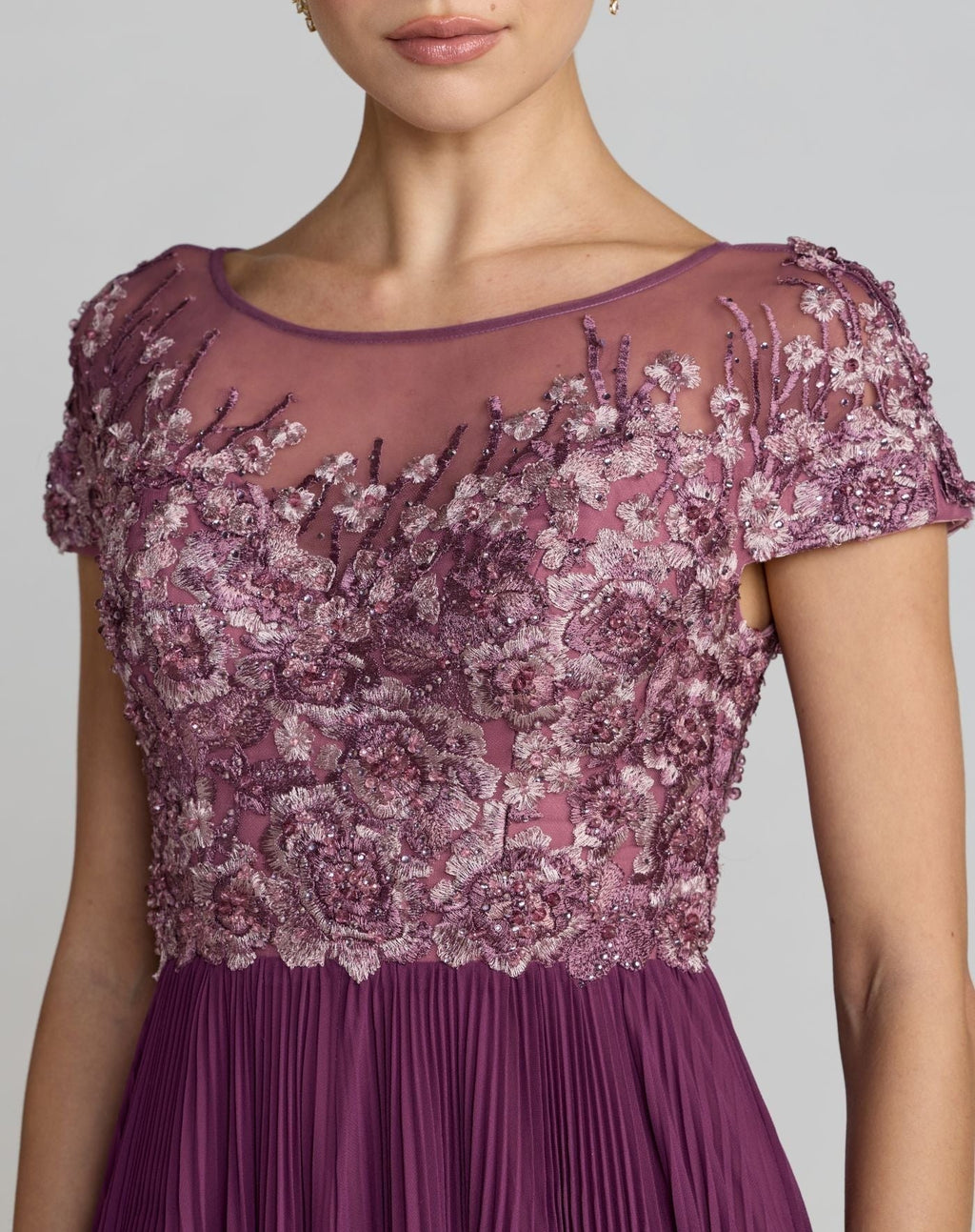 Purple Embroidered Cap Sleeve Pleated Gown
