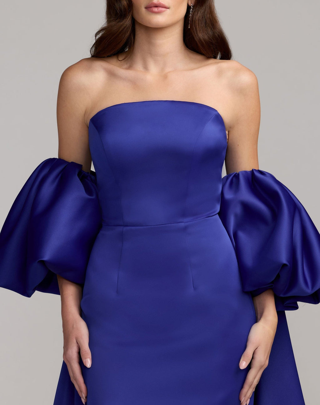 Cobalt Off The Shoulder Puff Sleeve Satin Gown With Cape