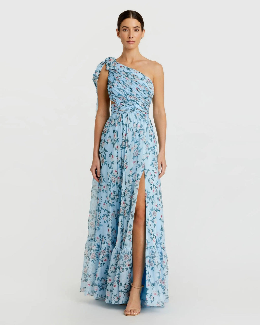 Aqua Multi Floral Chiffon One Shoulder Gown