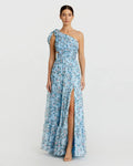 Aqua Multi Floral Chiffon One Shoulder Gown