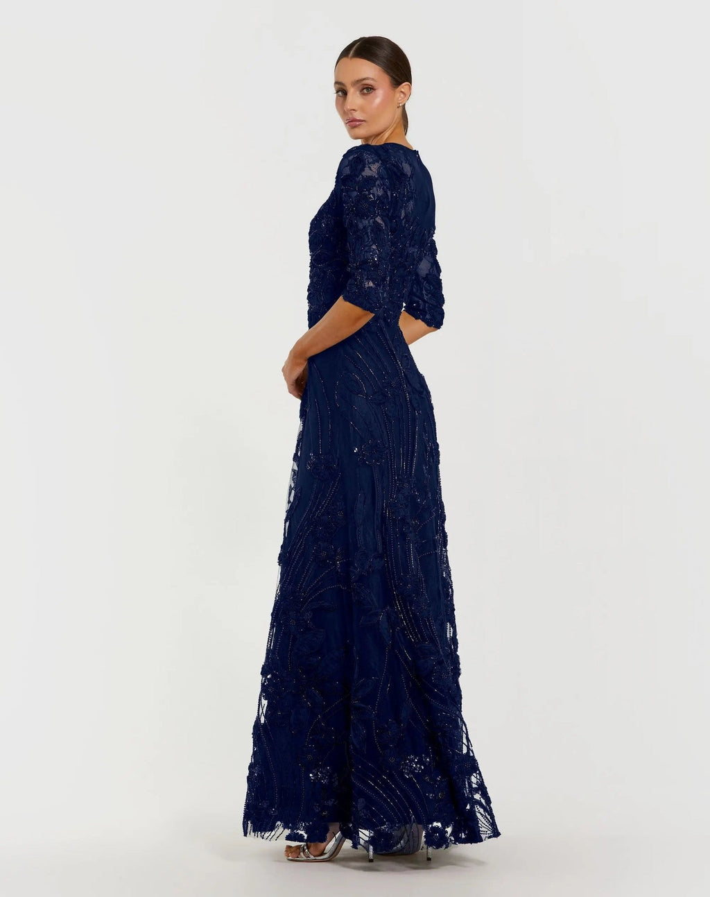 Petite Navy High Neck Embellished Lace Gown With 3/4 Sleeves