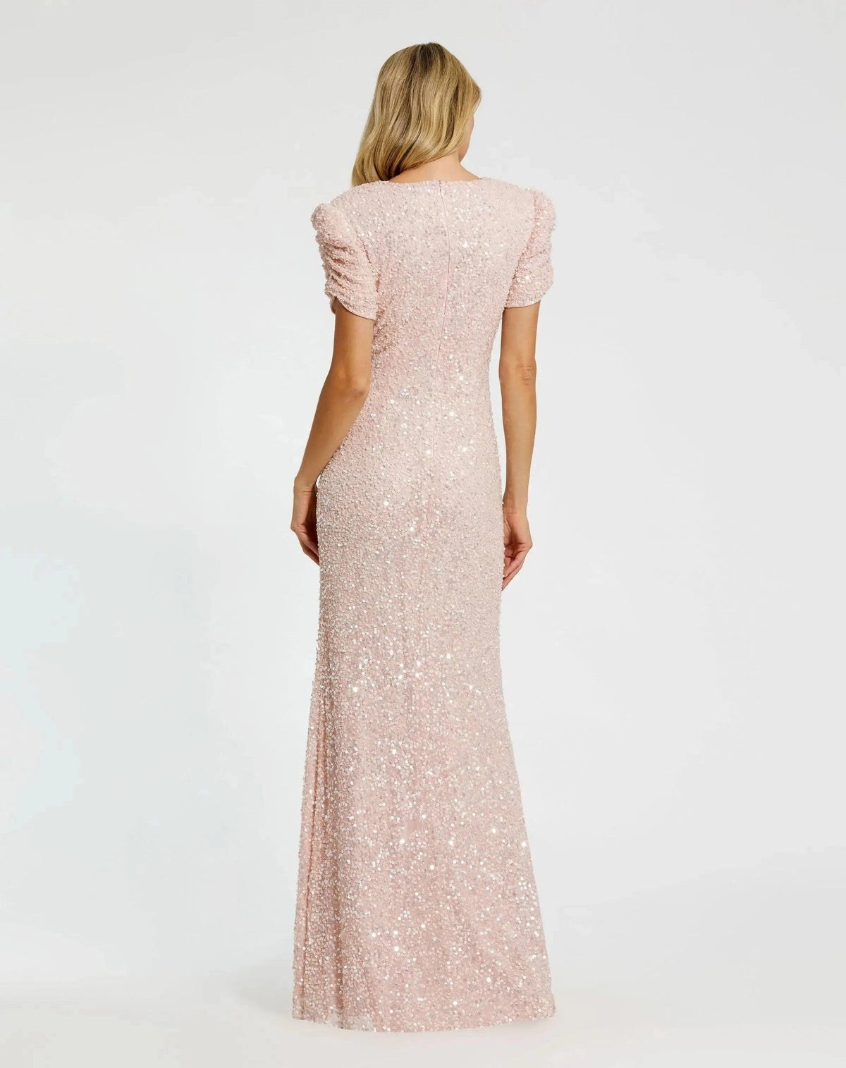 Blush Gathered Short Sleeve Embellished Gown