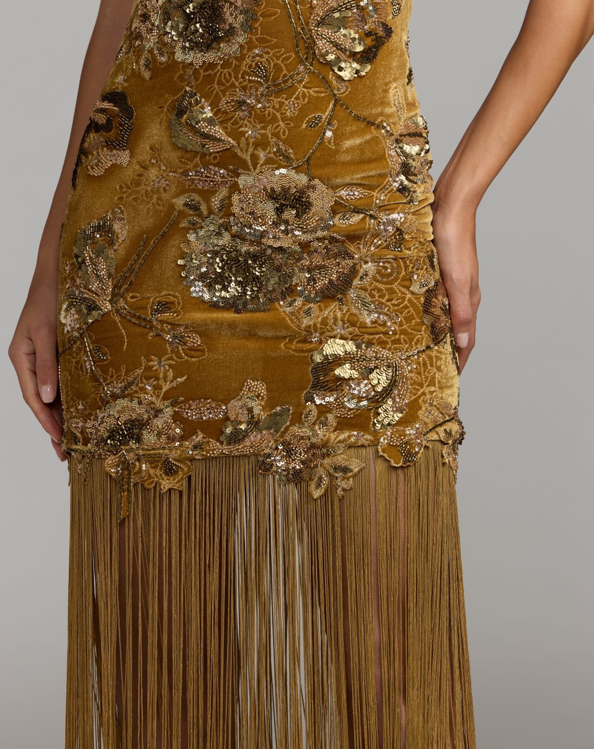 Gold Embellished Velvet Fringe Maxi Dress