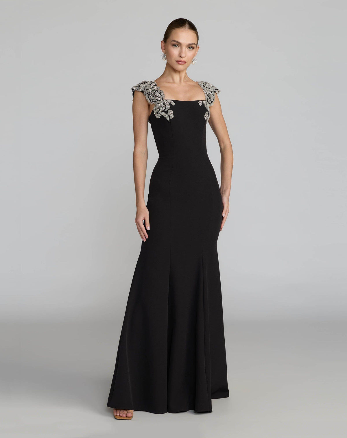 Black Beaded Floral Appliqué Mermaid Gown