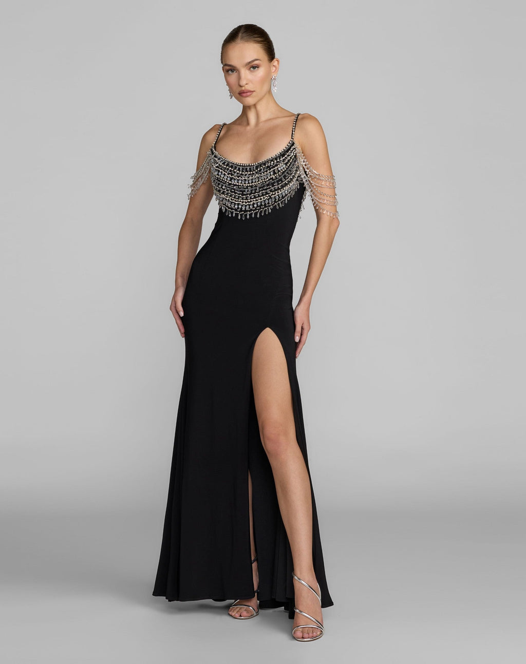 Black Beaded Jersey Scoop Back Gown with Slit