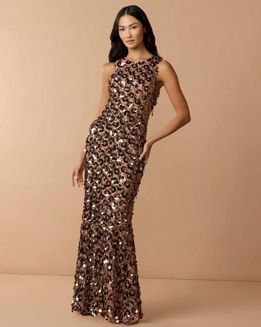 Bronze Sequin Embellished Sleeveless Gown With Beaded Fringe