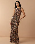 Bronze Sequin Embellished Sleeveless Gown With Beaded Fringe