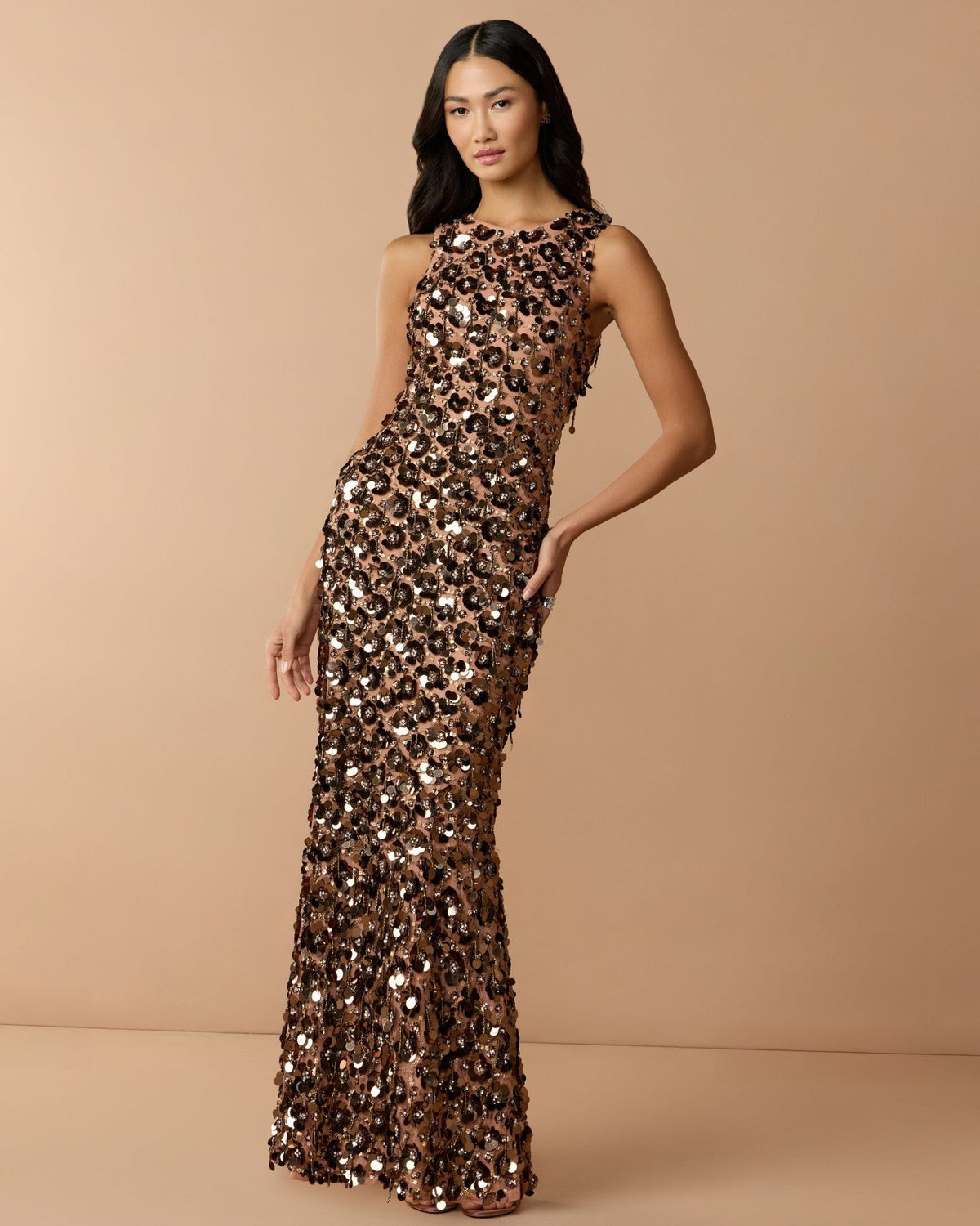 Bronze Sequin Embellished Sleeveless Gown With Beaded Fringe