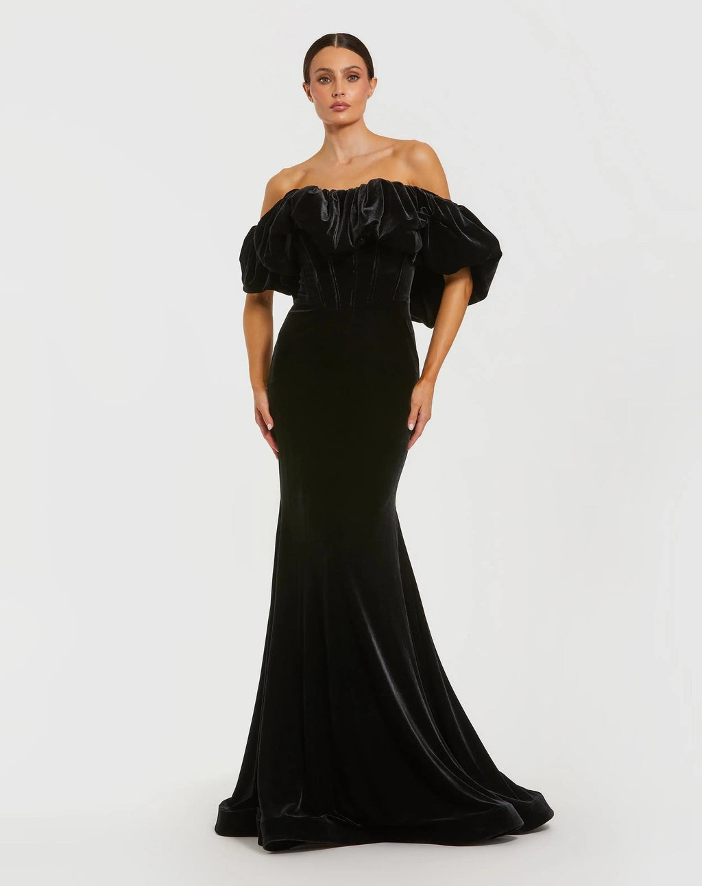 Black Off The Shoulder Ruffle Velvet Gown