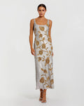 Silver Sleeveless Sequin Dress With Gold Floral Detail