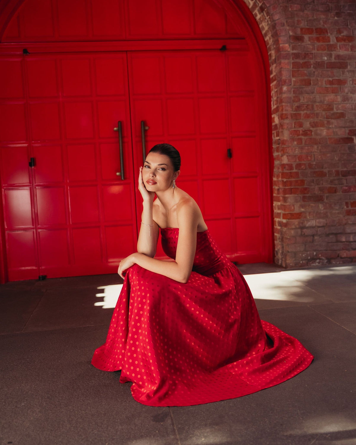 Red Multi Strapless Polka Dot Brocade Midi Dress
