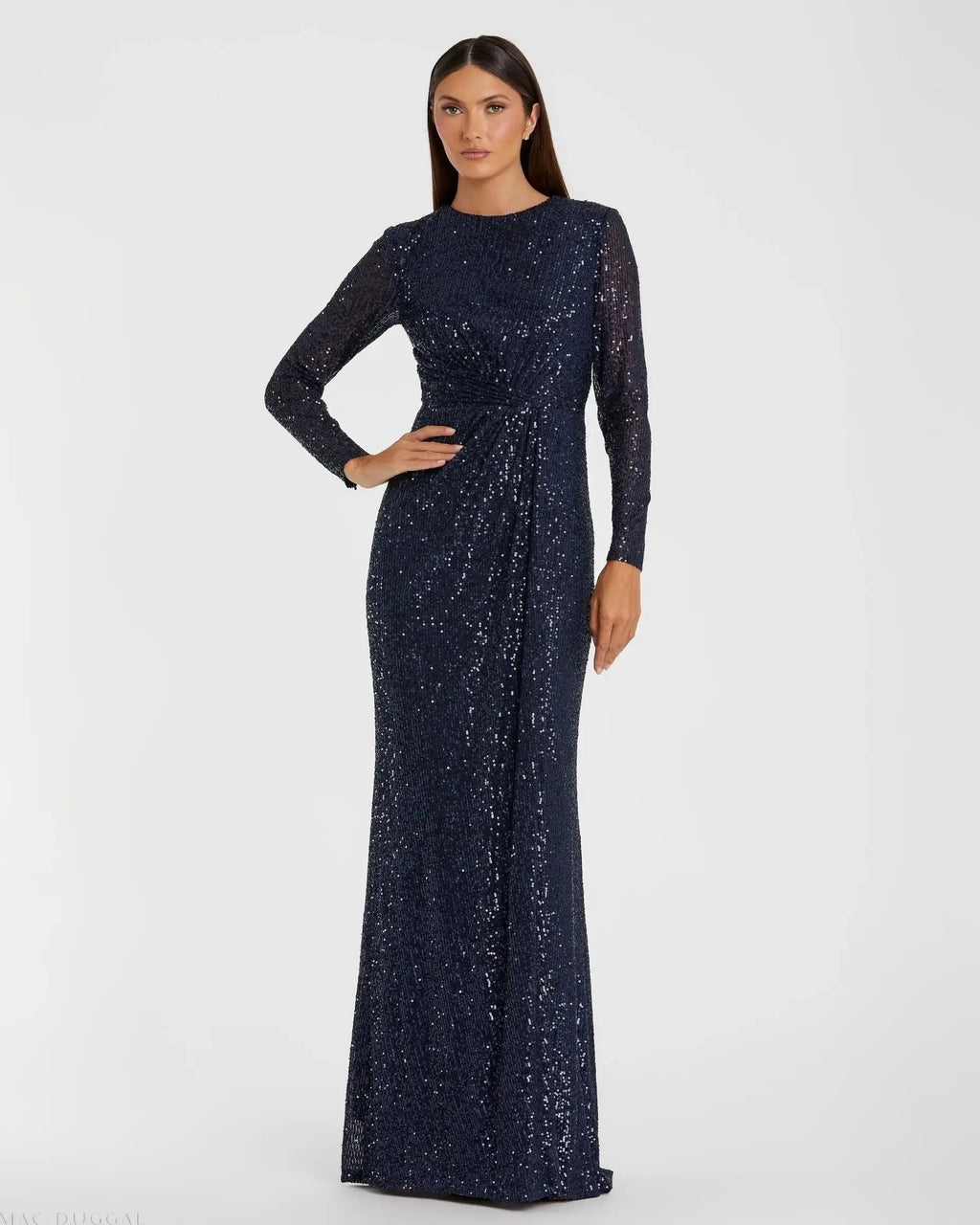 Navy Sequined Long Sleeve Side Knot Gown