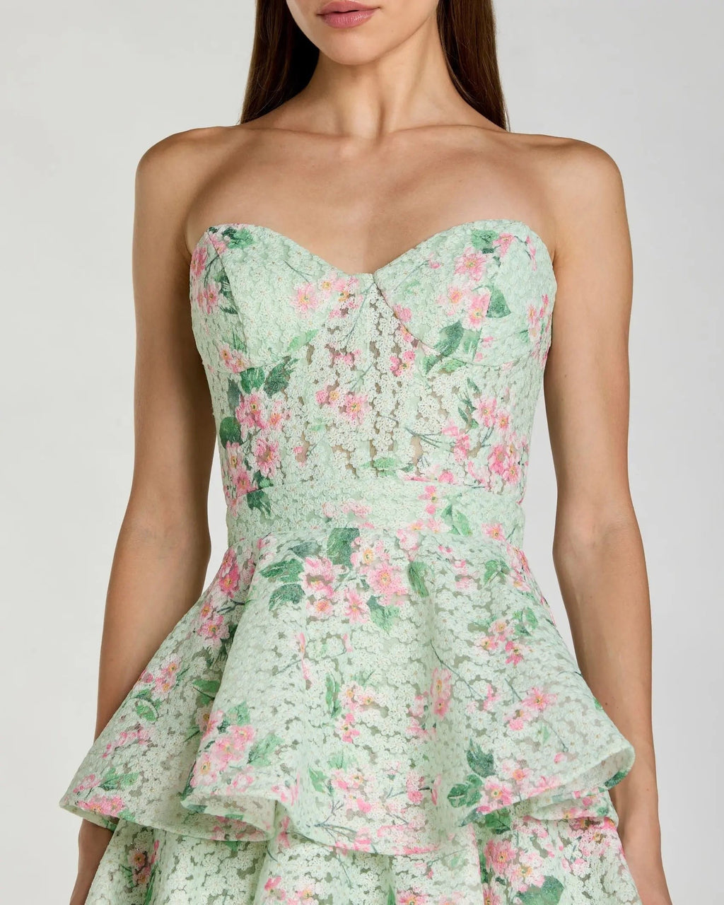 Mint Multi Floral Tiered Strapless Midi Dress