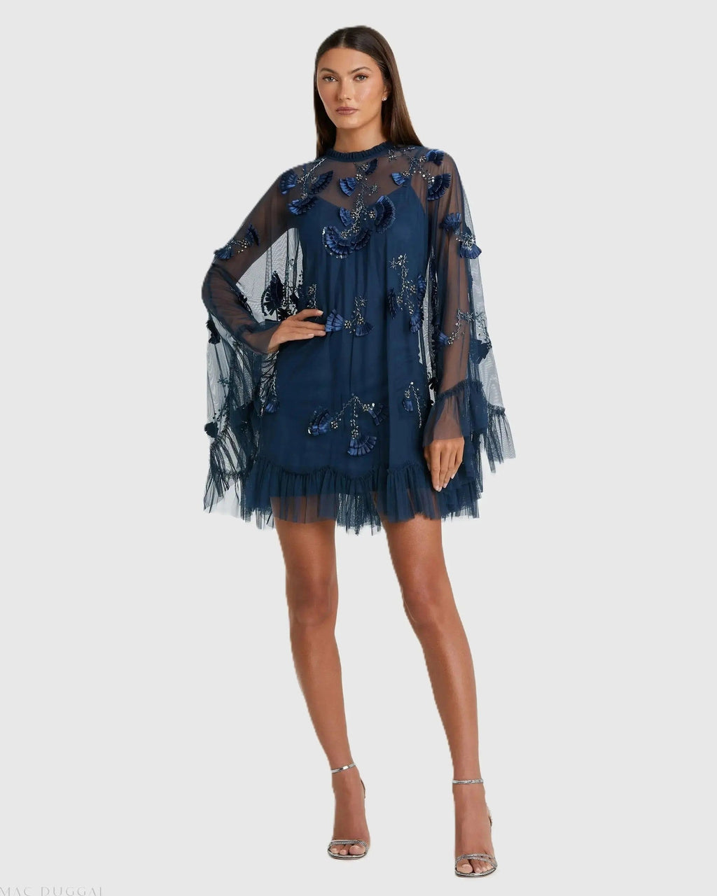 Embellished Long Sleeve Trapeze Dress with Ruffle Hem