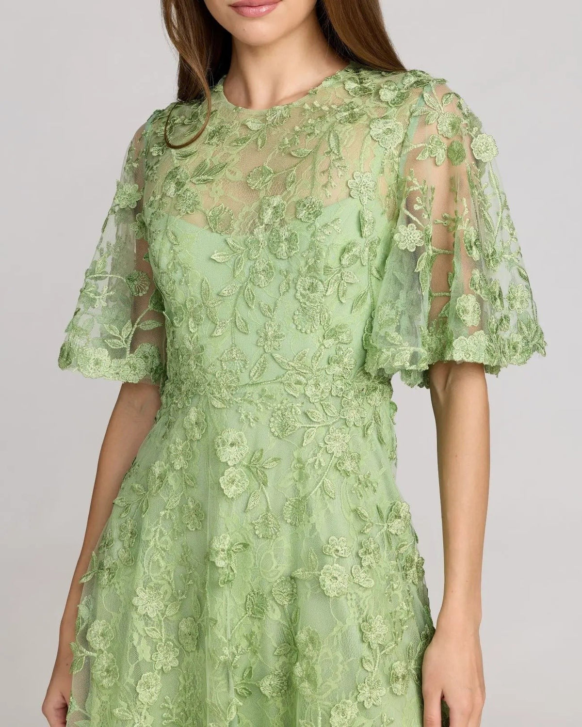 Sage Flutter Sleeve Embroidered Midi Dress