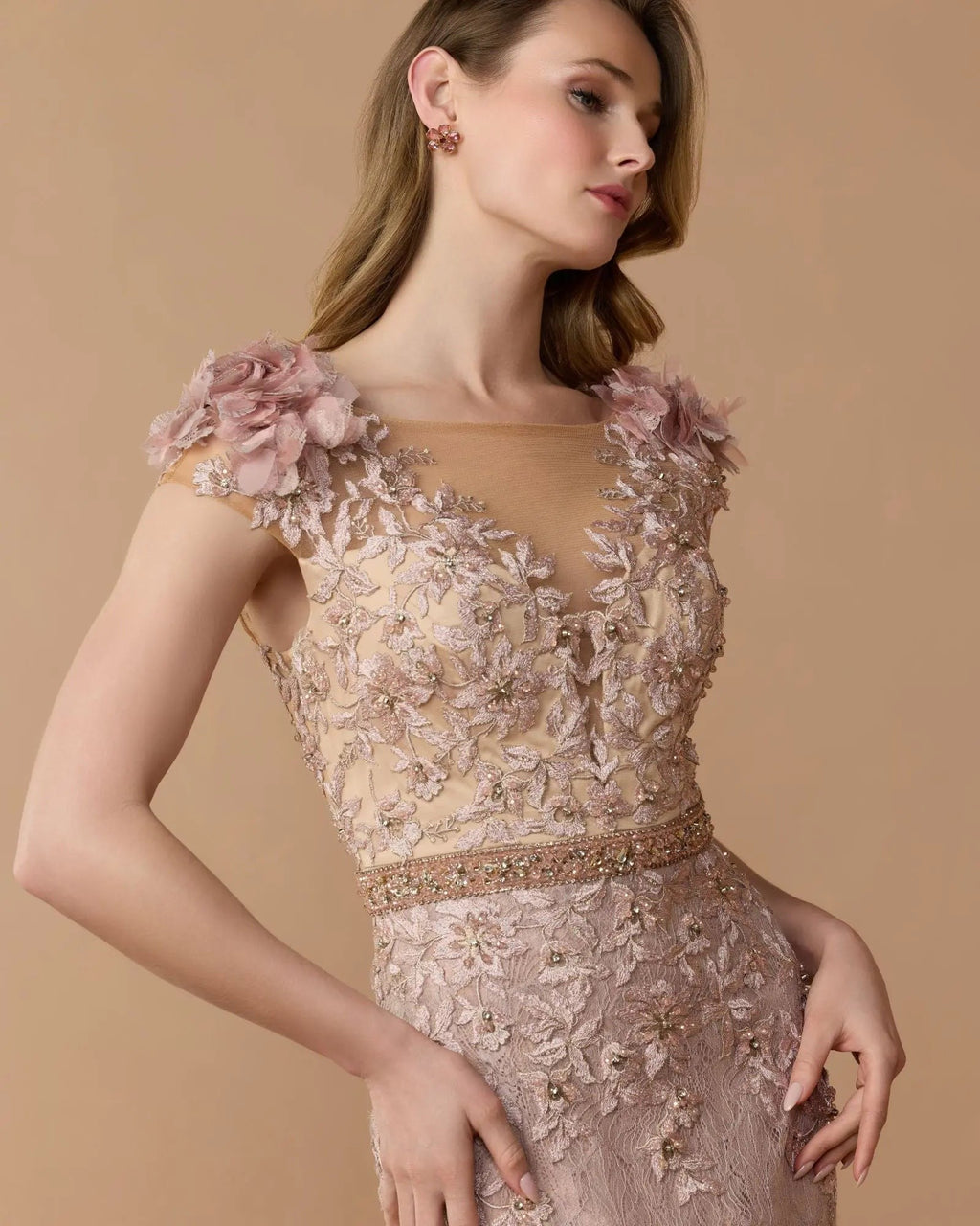 Mocha Embellished Lace Illusion Neck Gown With 3D Flowers