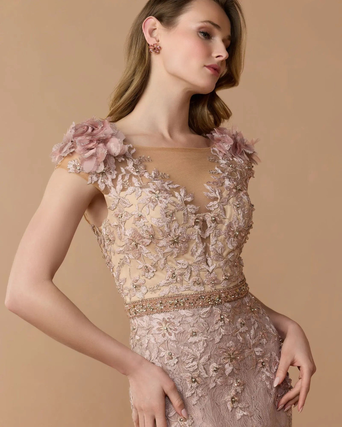 Mocha Embellished Lace Illusion Neck Gown With 3D Flowers