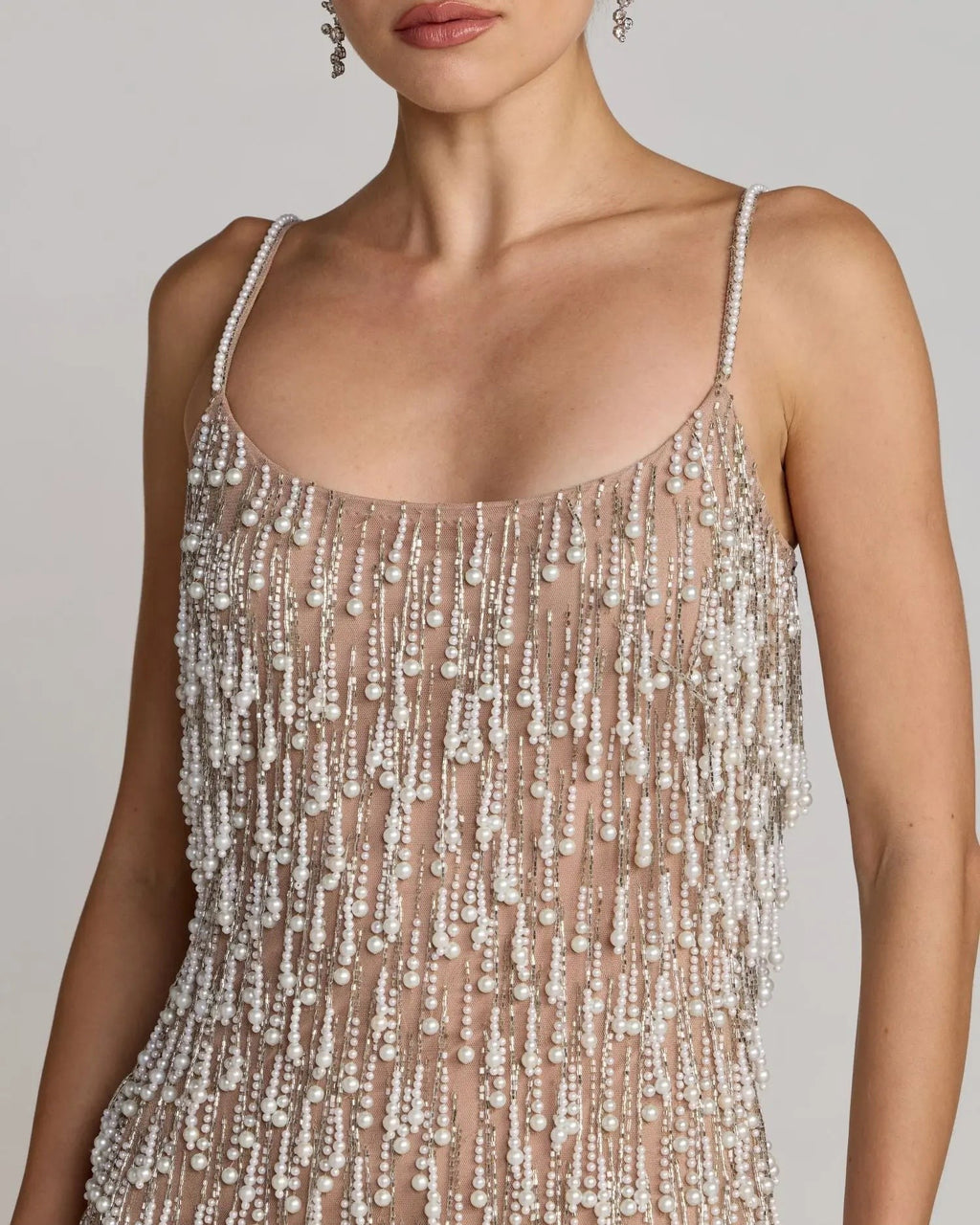 Ivory Nude Pearl Fringe Mini Dress