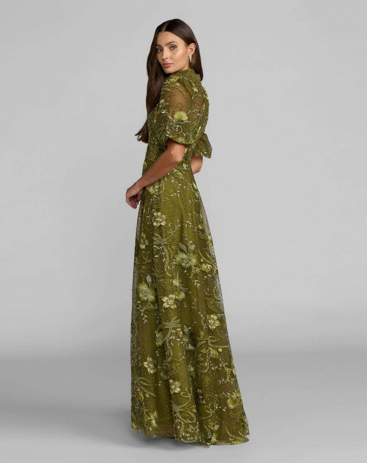 Olive Queen Anne Puff Sleeve Embroidered A-Line Gown