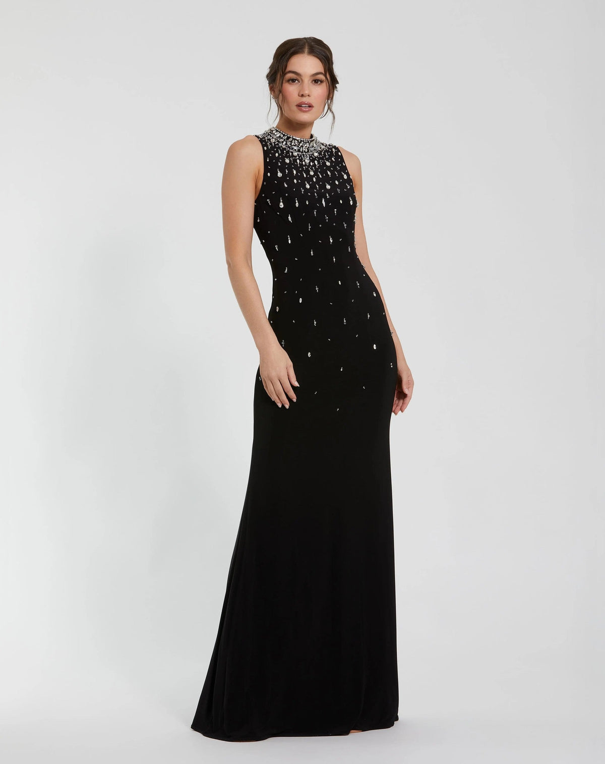 Black Rhinestone Embellished Sleeveless Jersey Gown