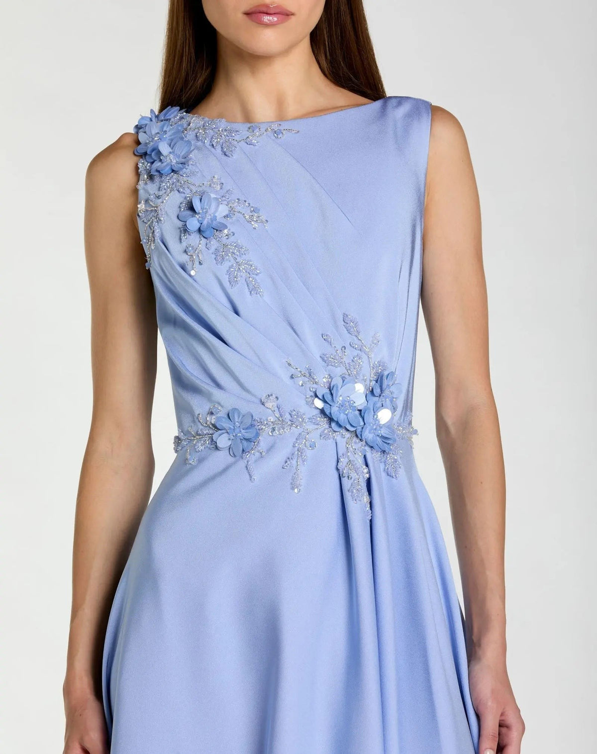 Powder Blue Floral Applique Sleeveless A-Line Gown