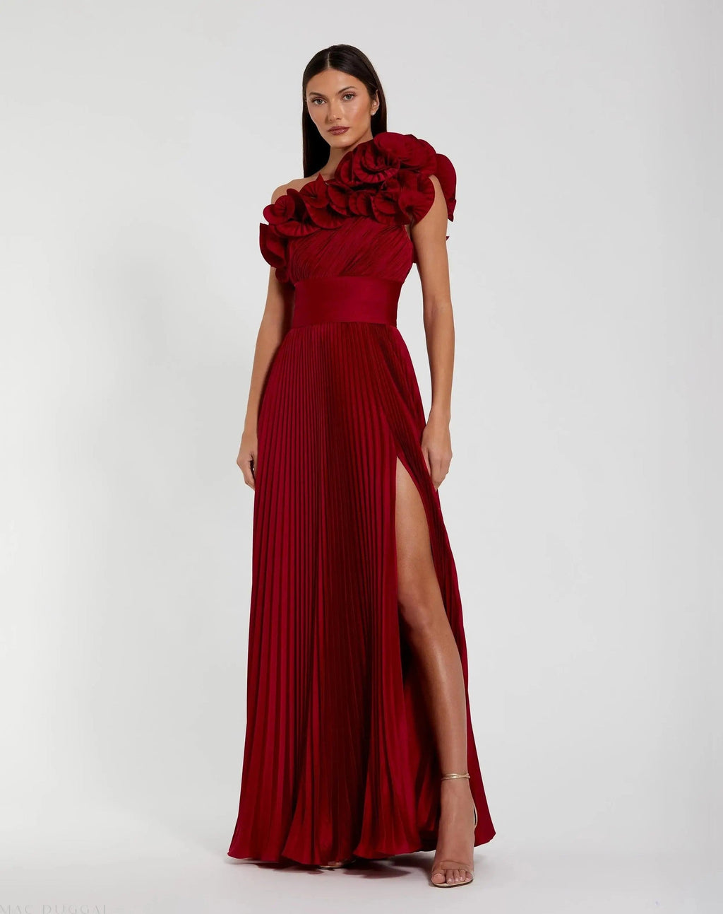 Red Ruffled One Shoulder Charmeuse Evening Gown
