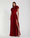 Red Ruffled One Shoulder Charmeuse Evening Gown