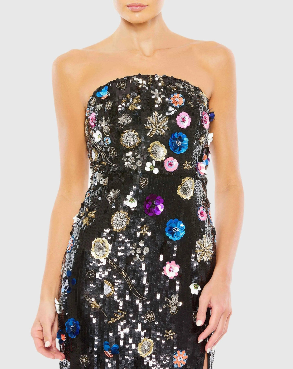 Black Floral Embellished Strapless Column Gown