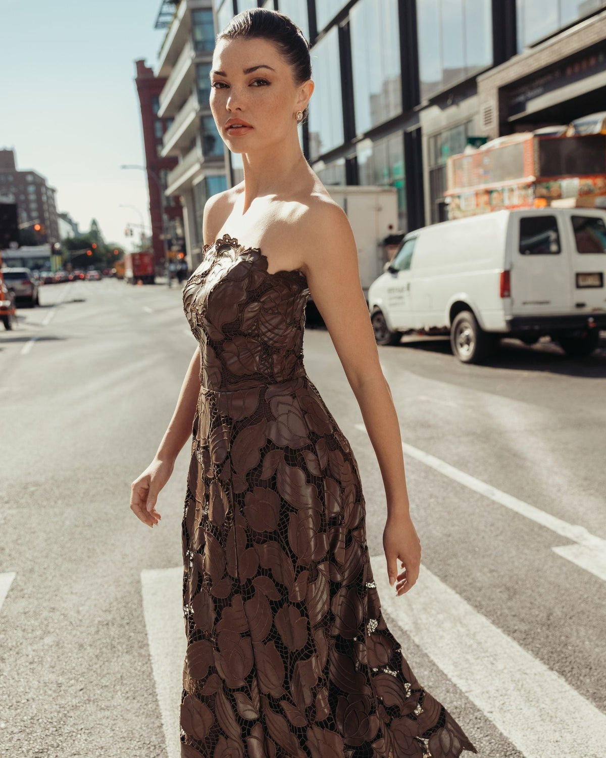 Chocolate Strapless Floral Leather A-Line Midi Dress
