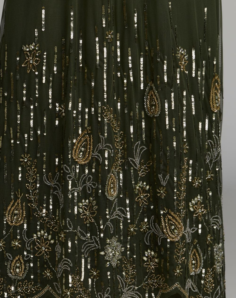 Antique Green Sleeveless Embellished Scallop Hem Trapeze Dress