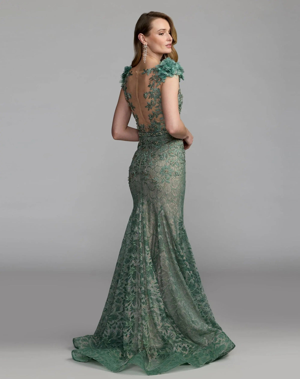 Sage Embellished Lace Illusion Neck Gown With 3D Flowers
