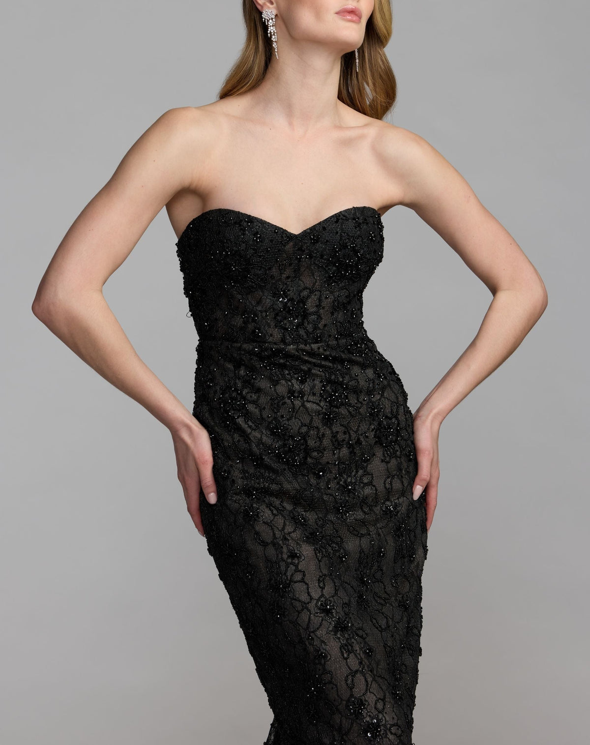 Black Embellished Strapless Bustier Gown With Sweeping Train