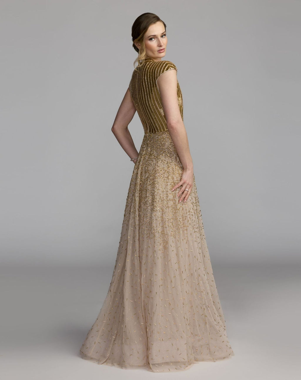 Gold V-Neck Beaded Tulle A-Line Gown