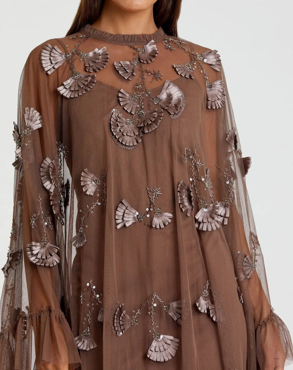 Brown Embellished Long Sleeve Trapeze Dress with Ruffle Hem