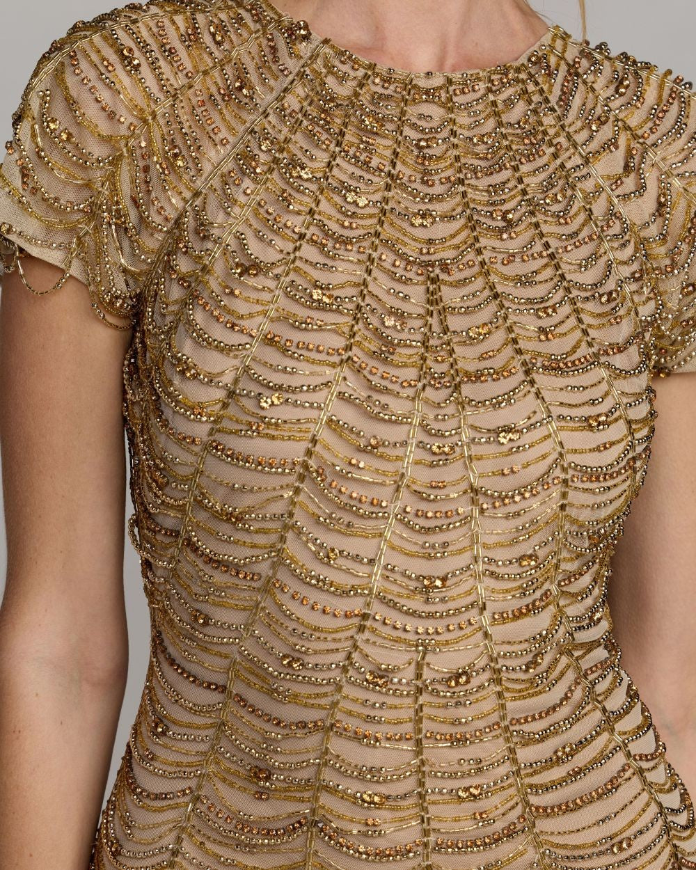 Gold Beaded Cap Sleeve Column Dress