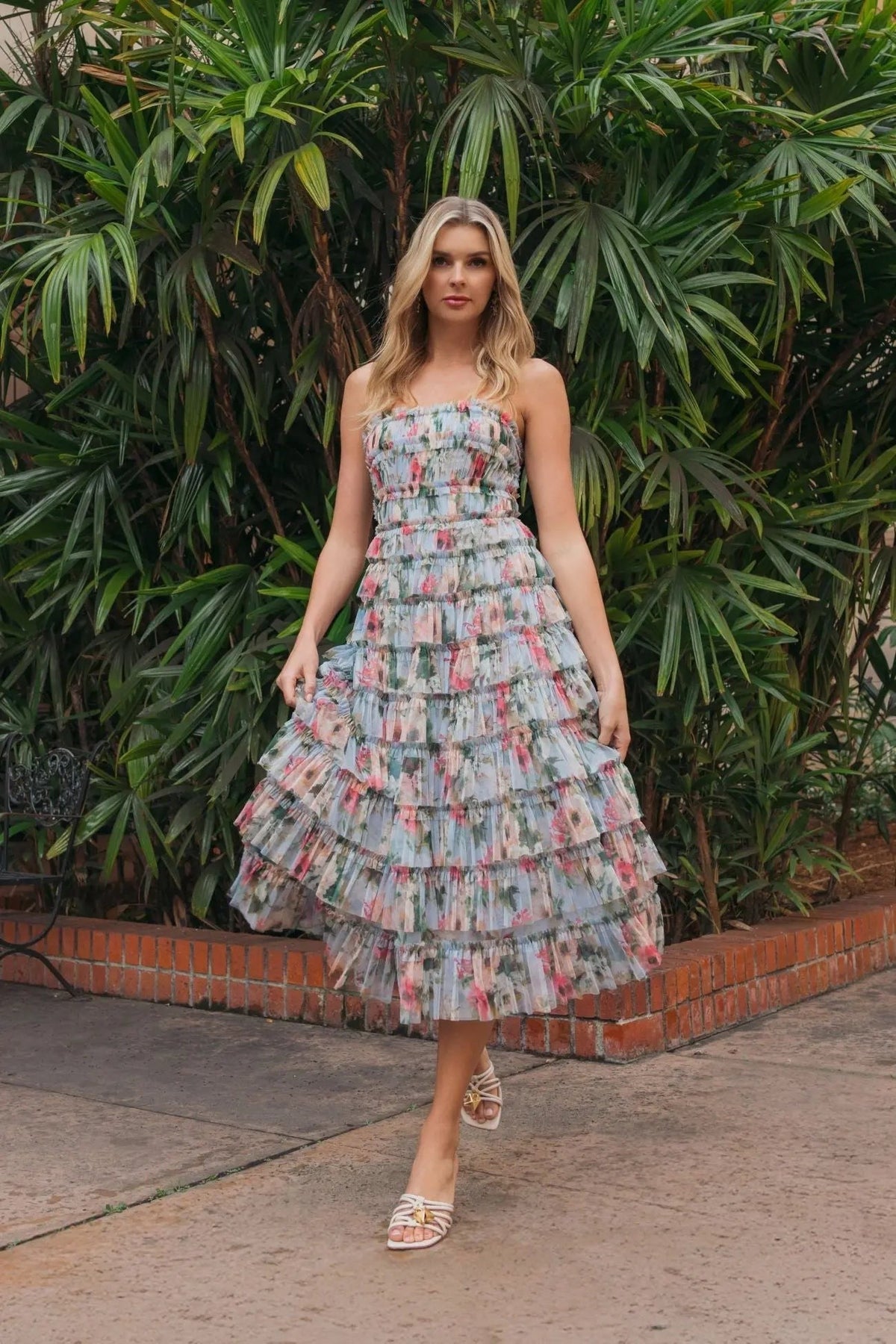 Blue Multi Floral Tiered Strapless Midi Dress