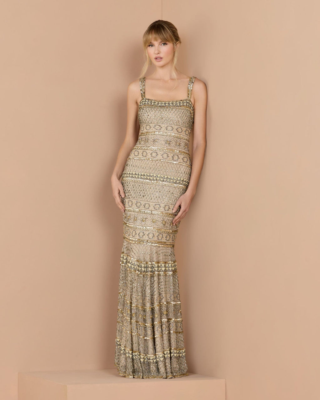 Nude Gold Sleeveless Square Neck Beaded Gown