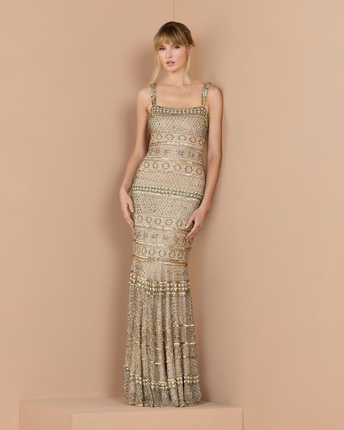 Nude Gold Sleeveless Square Neck Beaded Gown