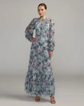 Blue Floral Long Sleeve High Neck Ruffle Maxi Dress