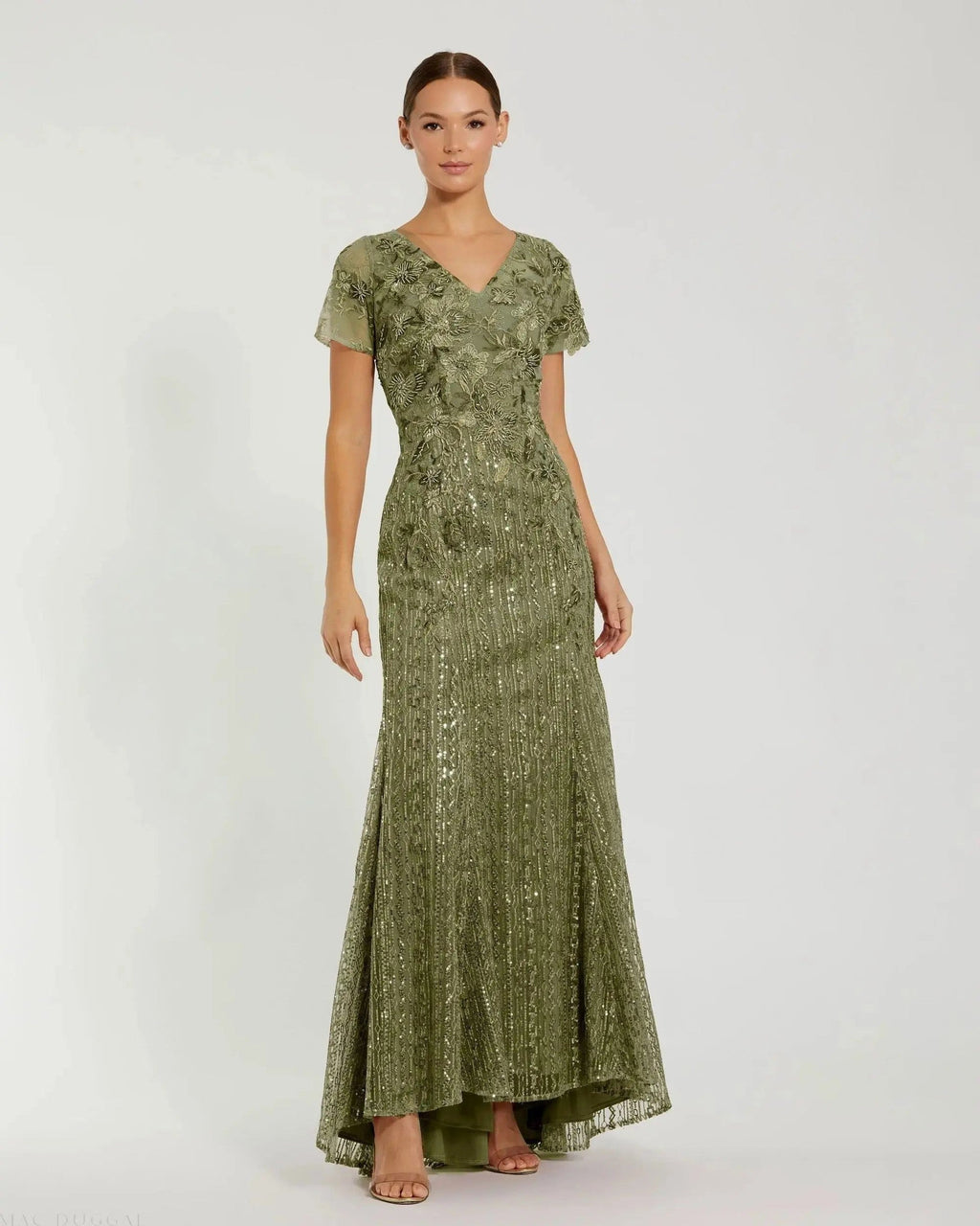 Olive Embellished V Neck Cap Sleeve Trumpet Gown