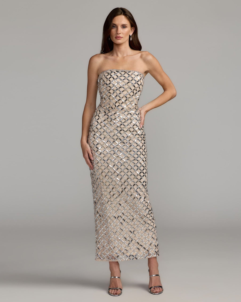 Nude Silver Metallic Embellished Strapless Maxi Dress
