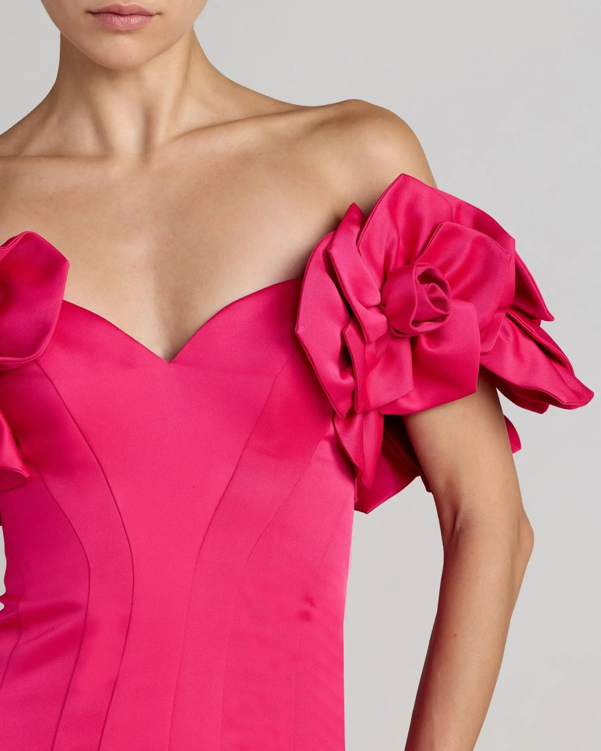 Hot Pink Off The Shoulder Gown With 3D Floral Sleeves