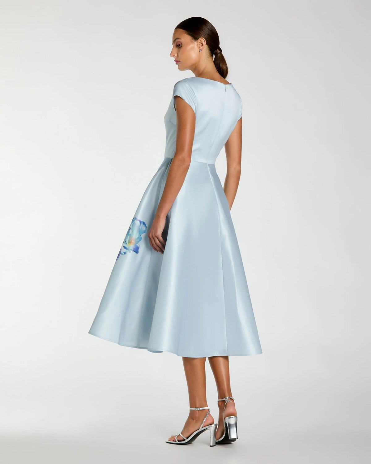 Periwinkle Multi Satin Cap Sleeve Midi Dress With Floral Print