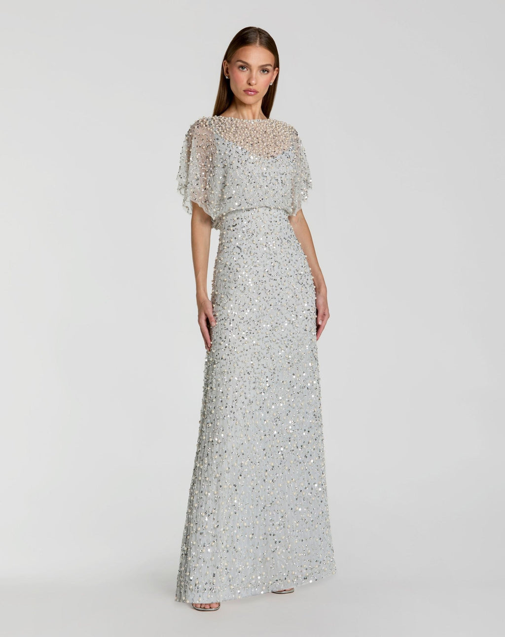 High Neck Short Sleeve Embellished Gown
