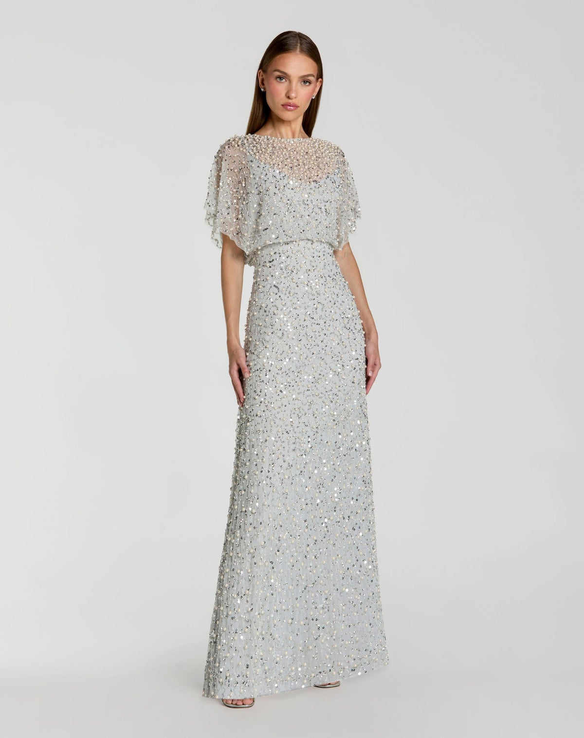 High Neck Short Sleeve Embellished Gown