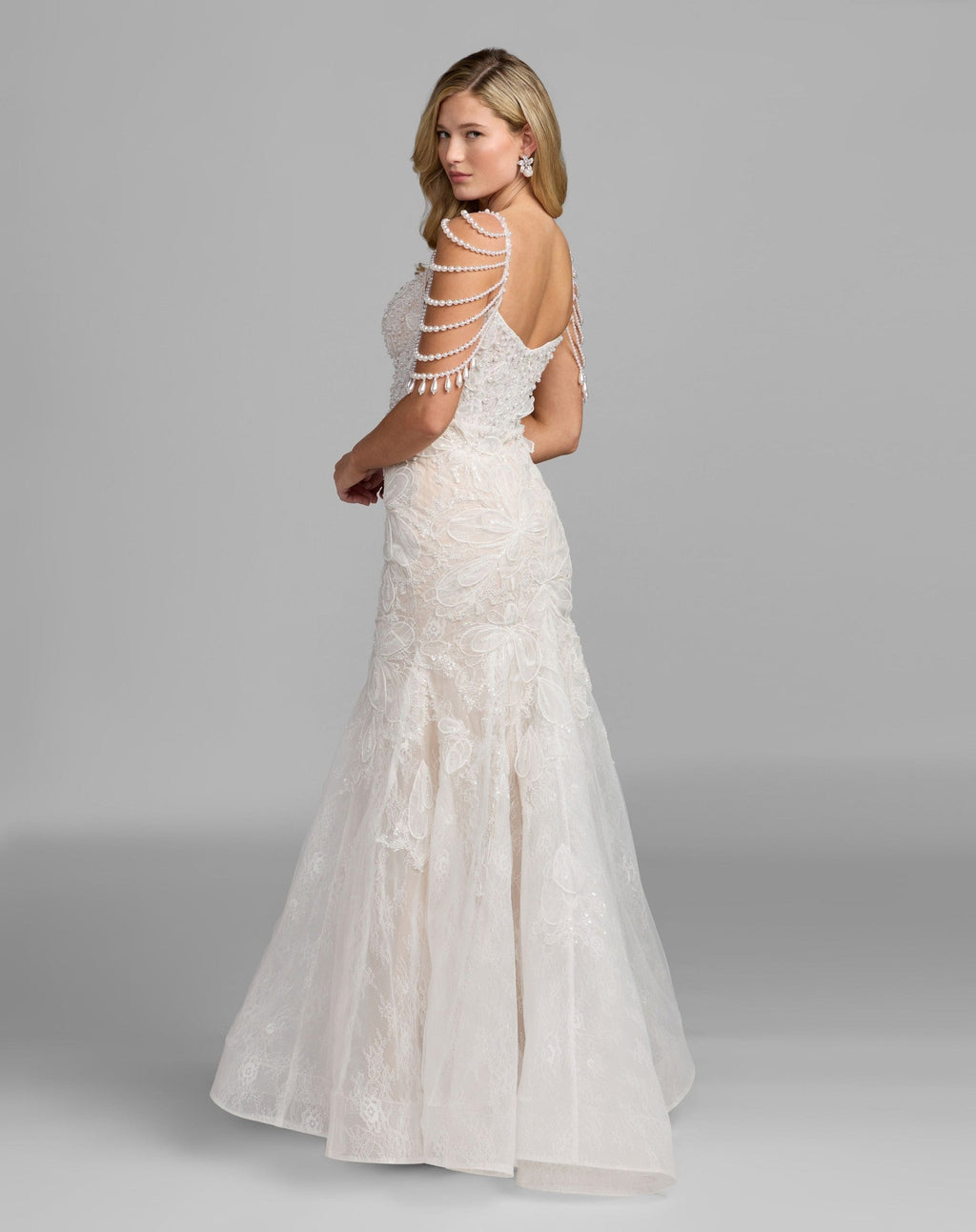 Ivory Nude Floral Lace Mermaid Gown With Draped Beading