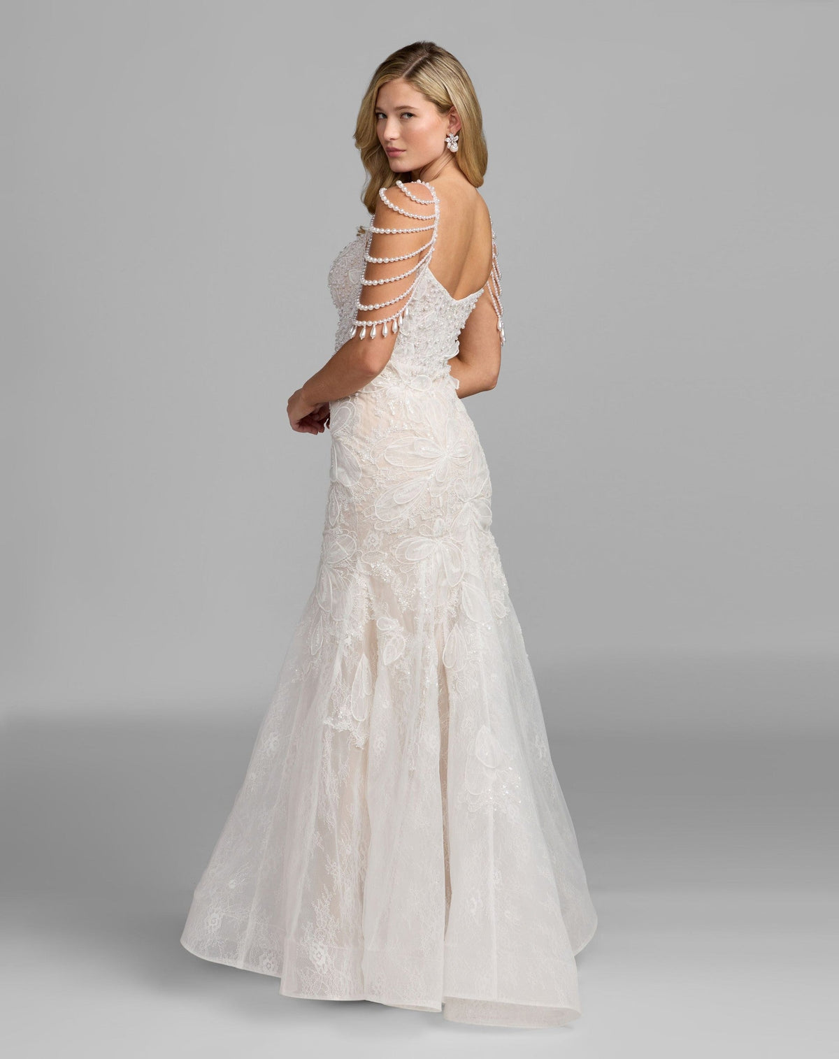 Ivory Nude Floral Lace Mermaid Gown With Draped Beading