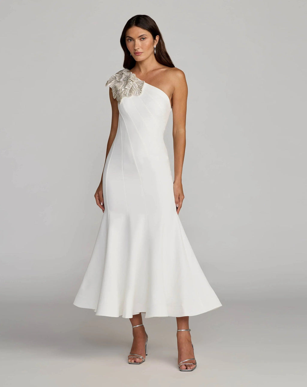 Ivory Crepe One Shoulder Midi Dress With 3D Flower