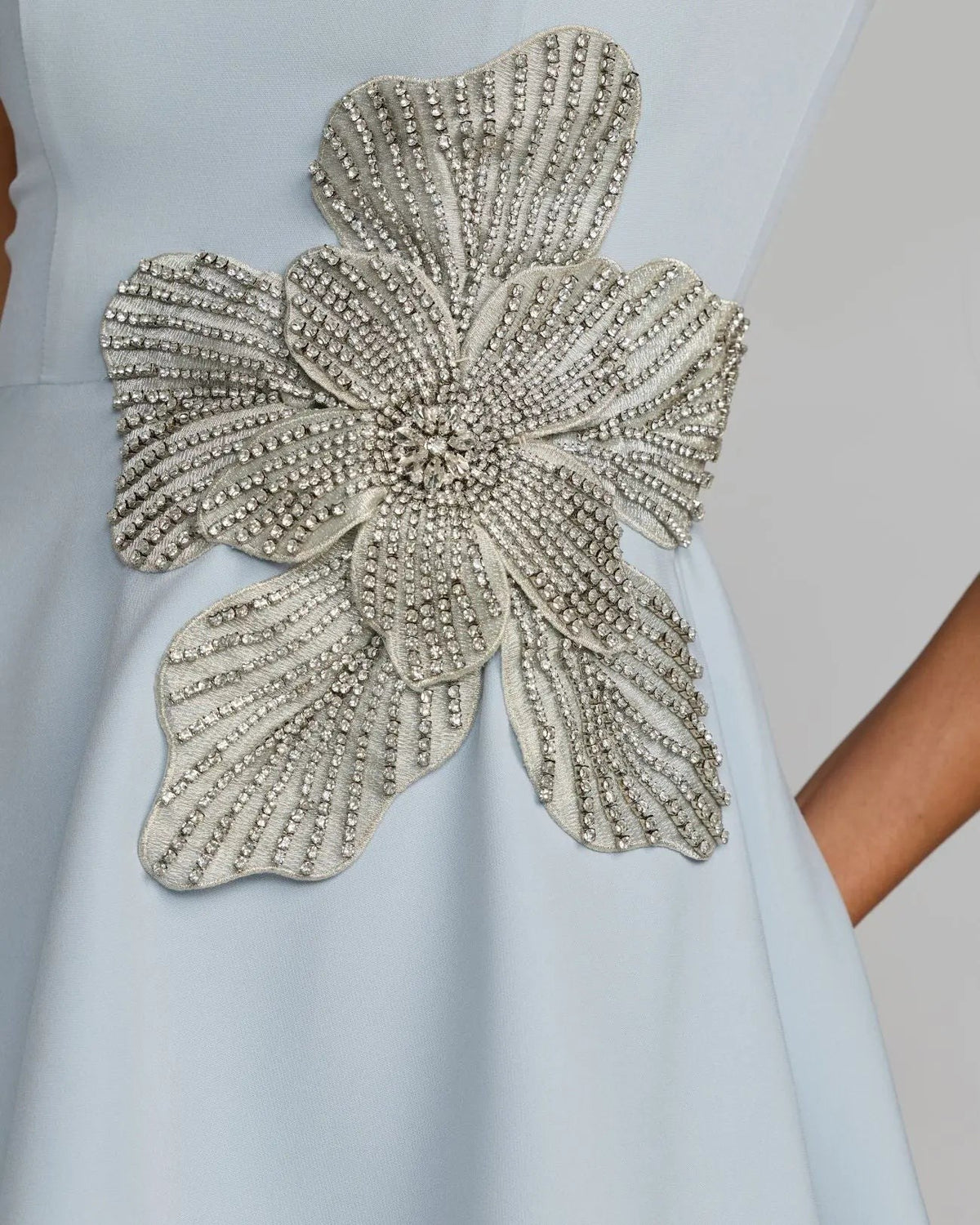 Powder Blue Crepe Sleeveless Mini Dress With Rhinestone Flower